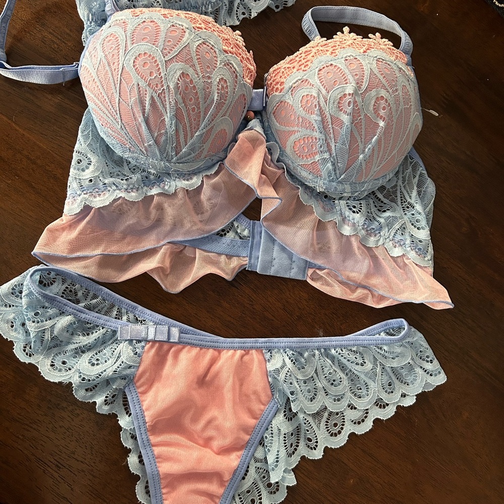 Lingerie Number One Pink and Blue Lace Bra Set